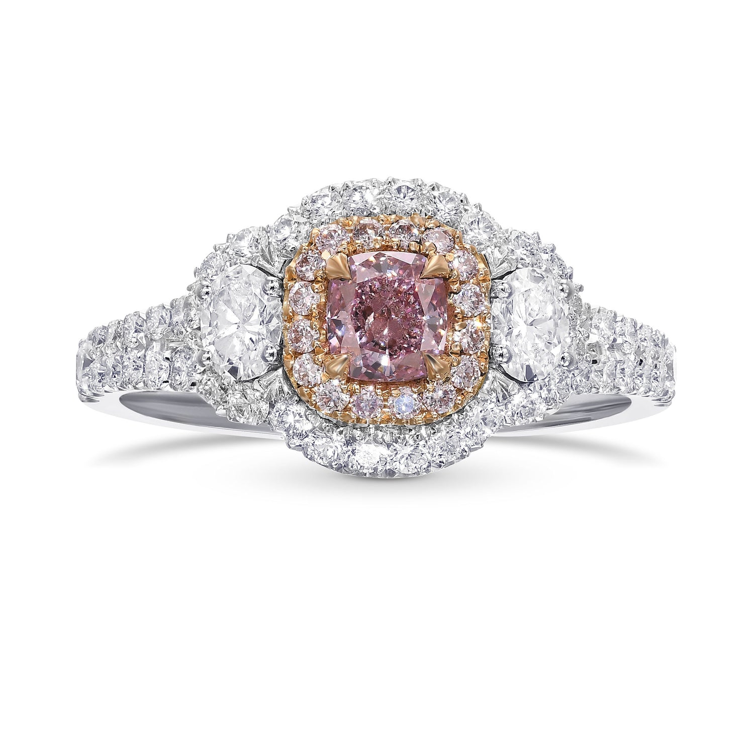 Fancy Intense Purplish Pink Cushion & Oval 3-stone Diamond Ring