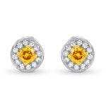 Fancy Deep Orangy Yellow & White Pave Halo Diamond Earrings