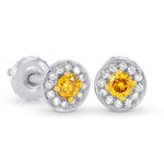 Fancy Deep Orangy Yellow & White Pave Halo Diamond Earrings