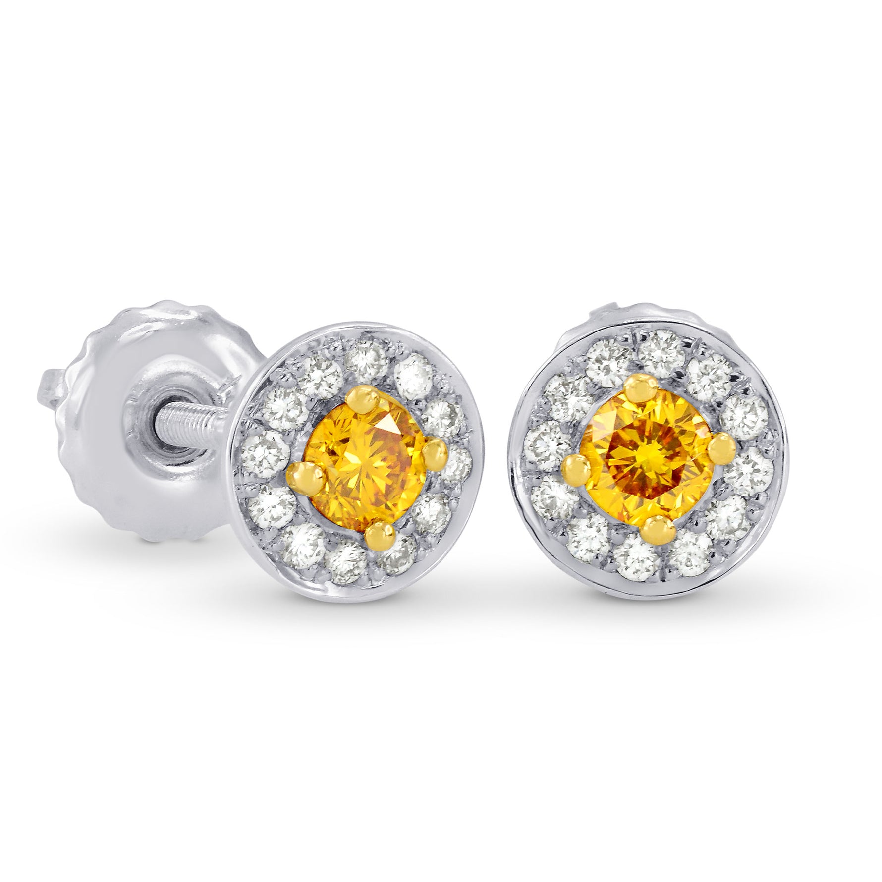 Fancy Deep Orangy Yellow & White Pave Halo Diamond Earrings
