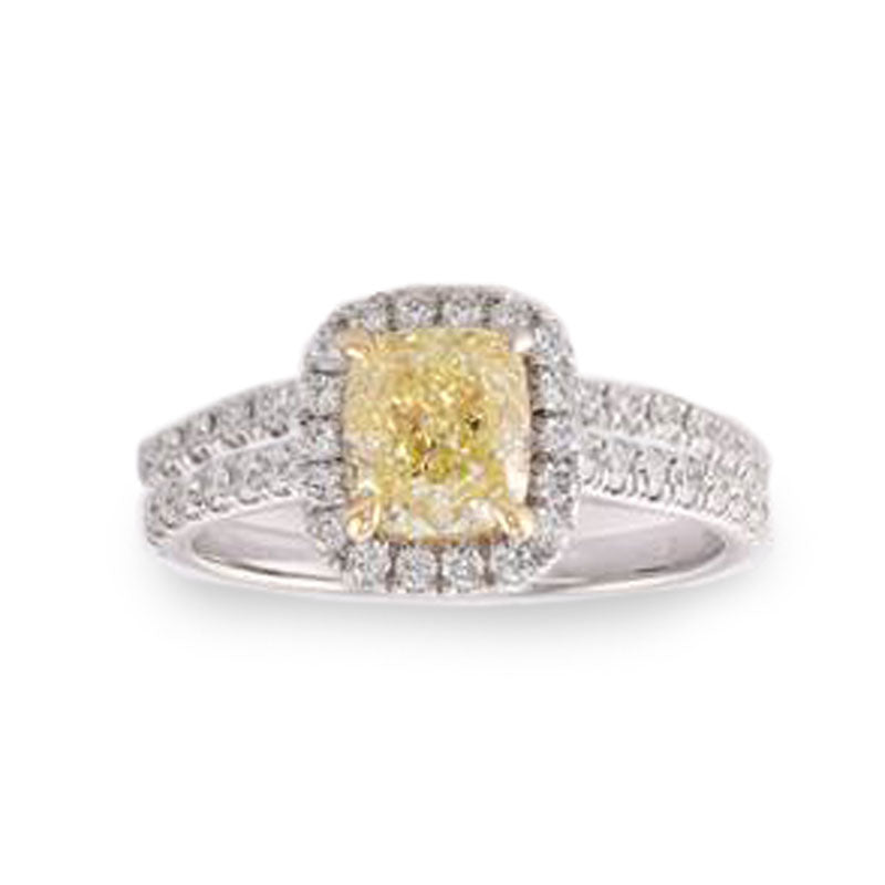 Fancy Light Yellow Cushion Halo Diamond Wedding Set Rings