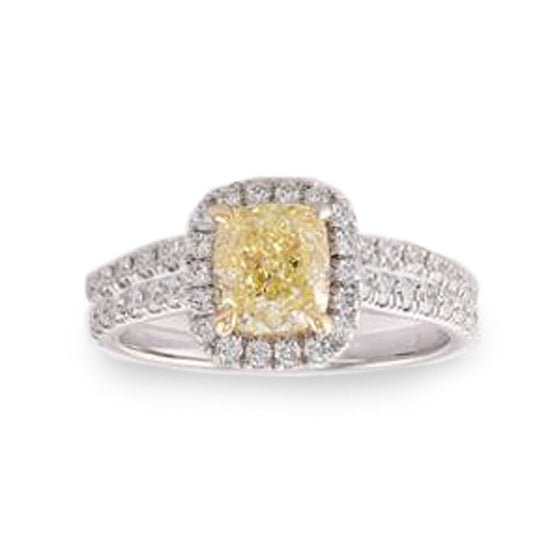 Fancy Light Yellow Cushion Halo Diamond Wedding Set Rings