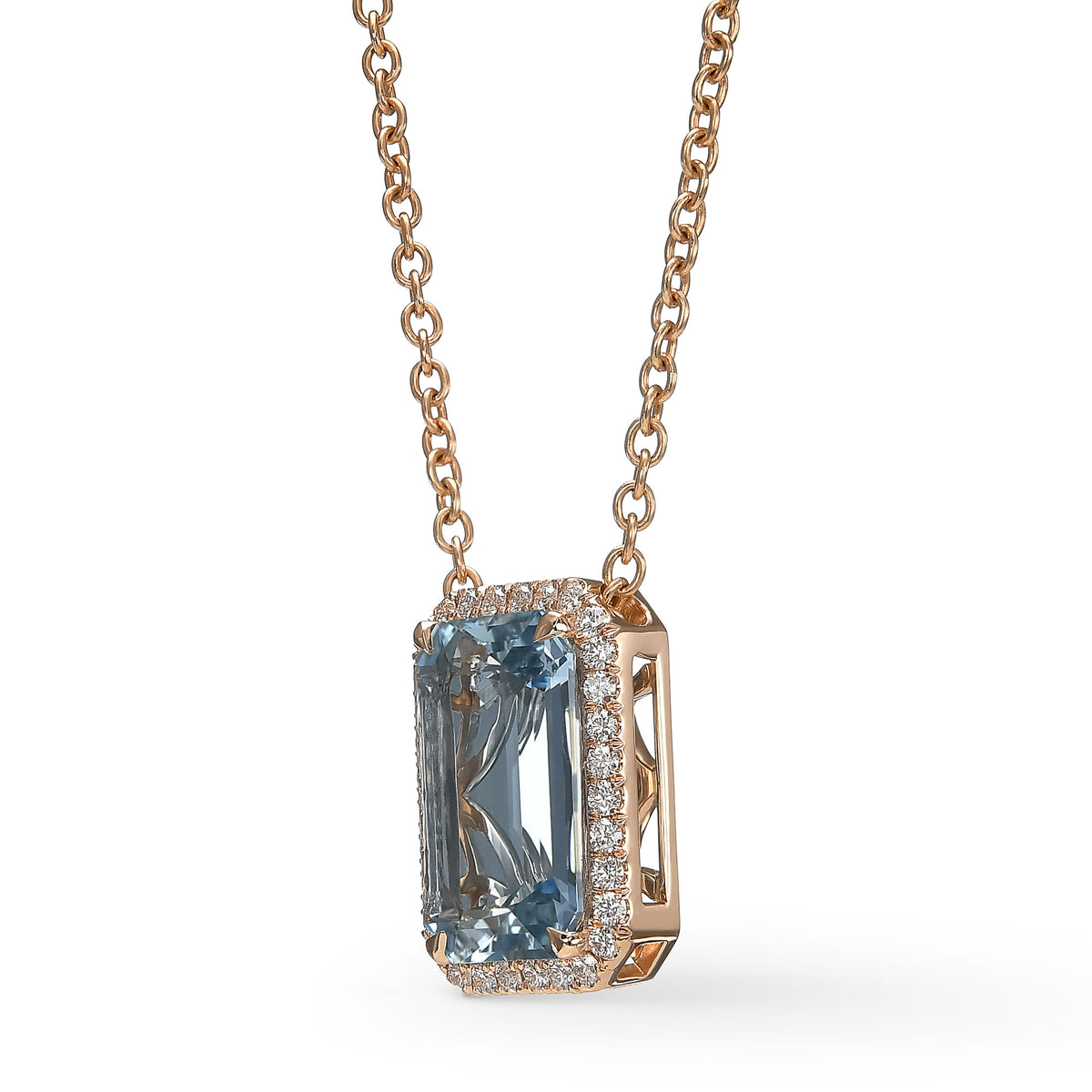  Blue Aquamarine and Diamond Halo Pendant