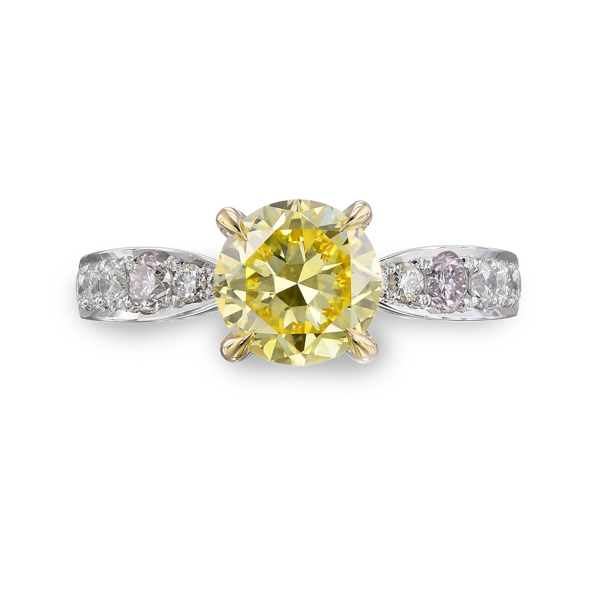 Fancy Vivid Yellow Round Pave Side Stone Diamond Ring