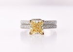 Fancy Yellow Princess Vintage Style Solitaire and Pave Diamond Wedding Ring Set