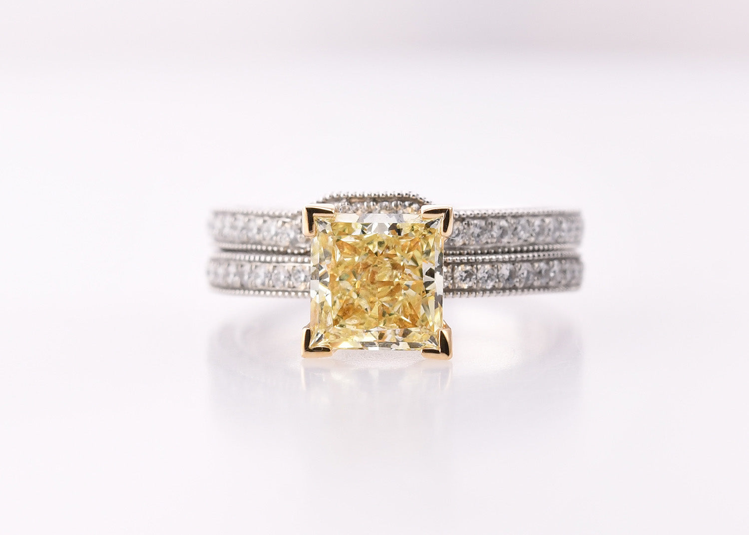 Fancy Yellow Princess Vintage Style Solitaire and Pave Diamond Wedding Ring Set