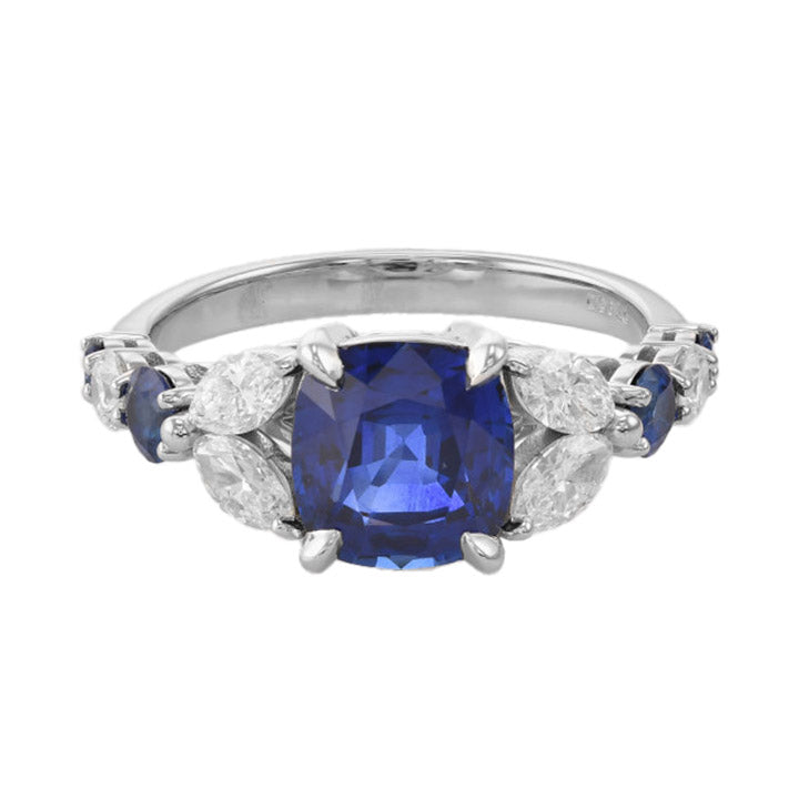 Royal Blue Cushion Sapphire & Diamond Side-stone Ring