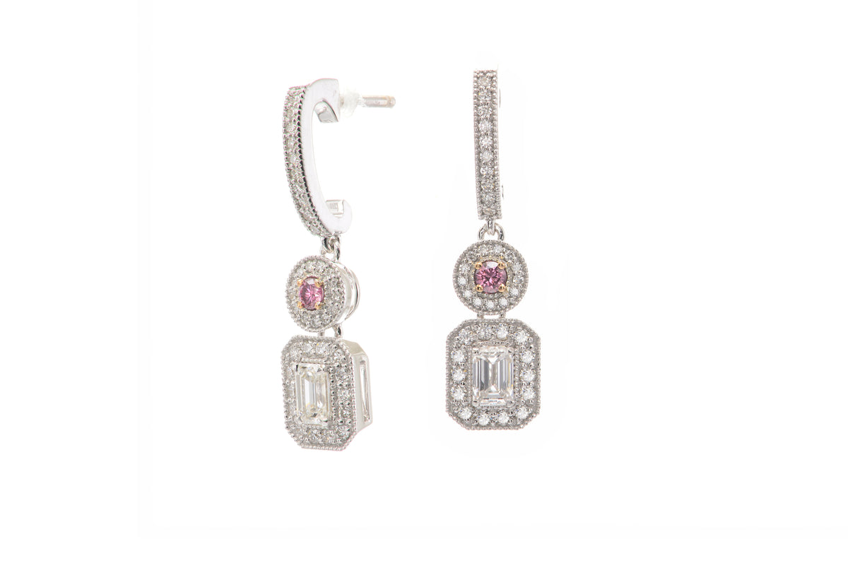 Round Fancy Vivid Pink & Emerald-cut Diamond Earrings