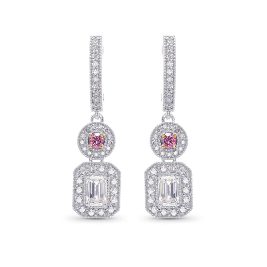 Round Fancy Vivid Pink & Emerald-cut Diamond Earrings