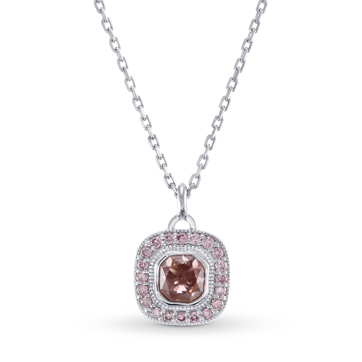 Fancy Deep Orangy Pink Cushion Halo Diamond Pendant 