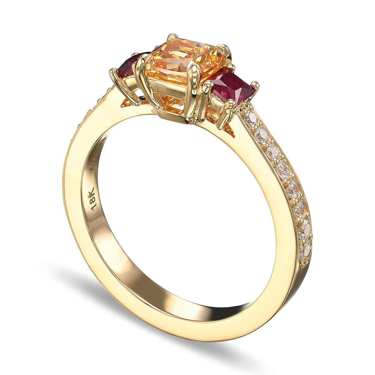 Fancy Vivid Yellow Orange Cushion Diamond and Princess Ruby Side Stone Ring