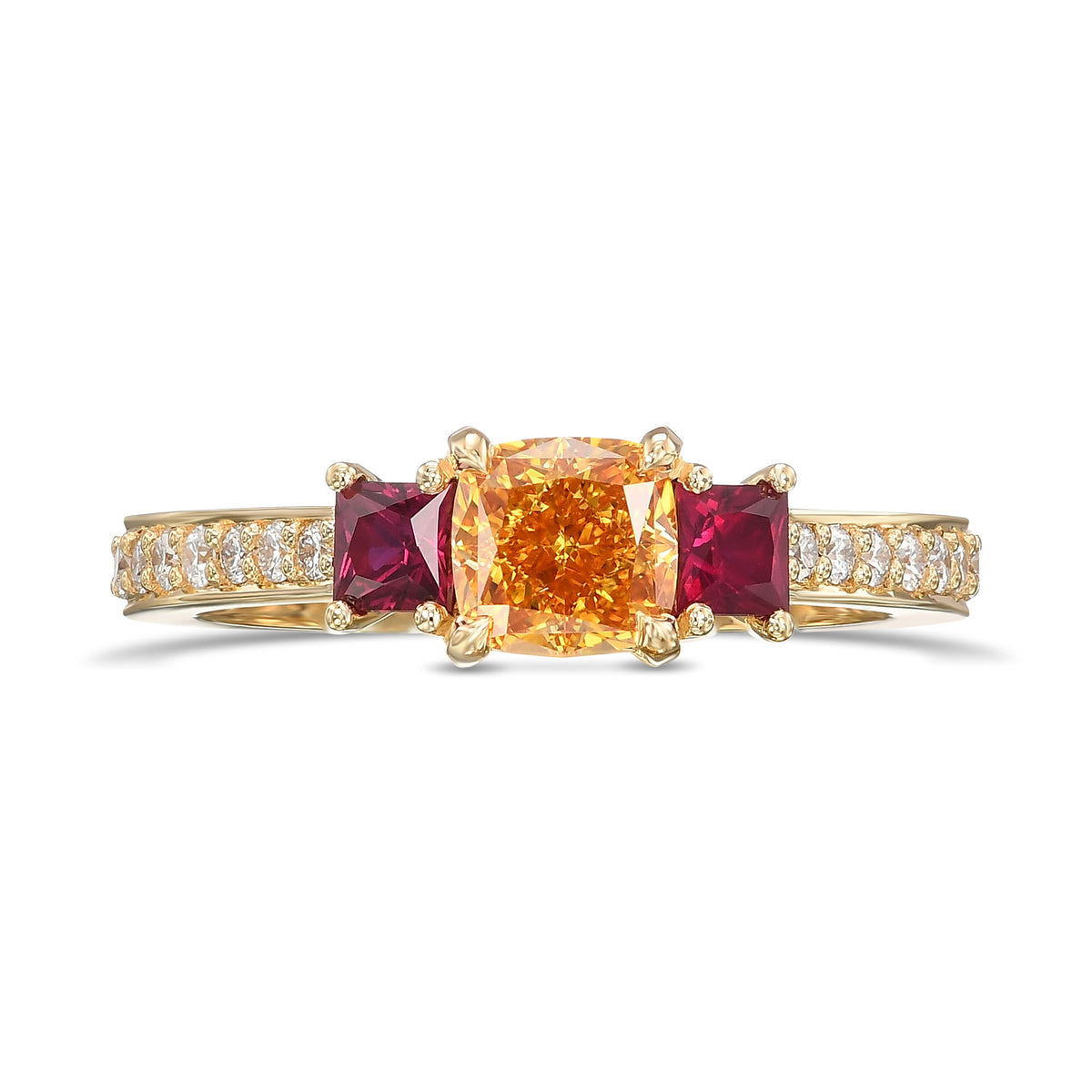 Fancy Vivid Yellow Orange Cushion Diamond and Princess Ruby Side Stone Ring