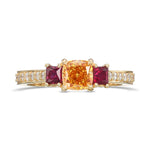 Fancy Vivid Yellow Orange Cushion Diamond and Princess Ruby Side Stone Ring