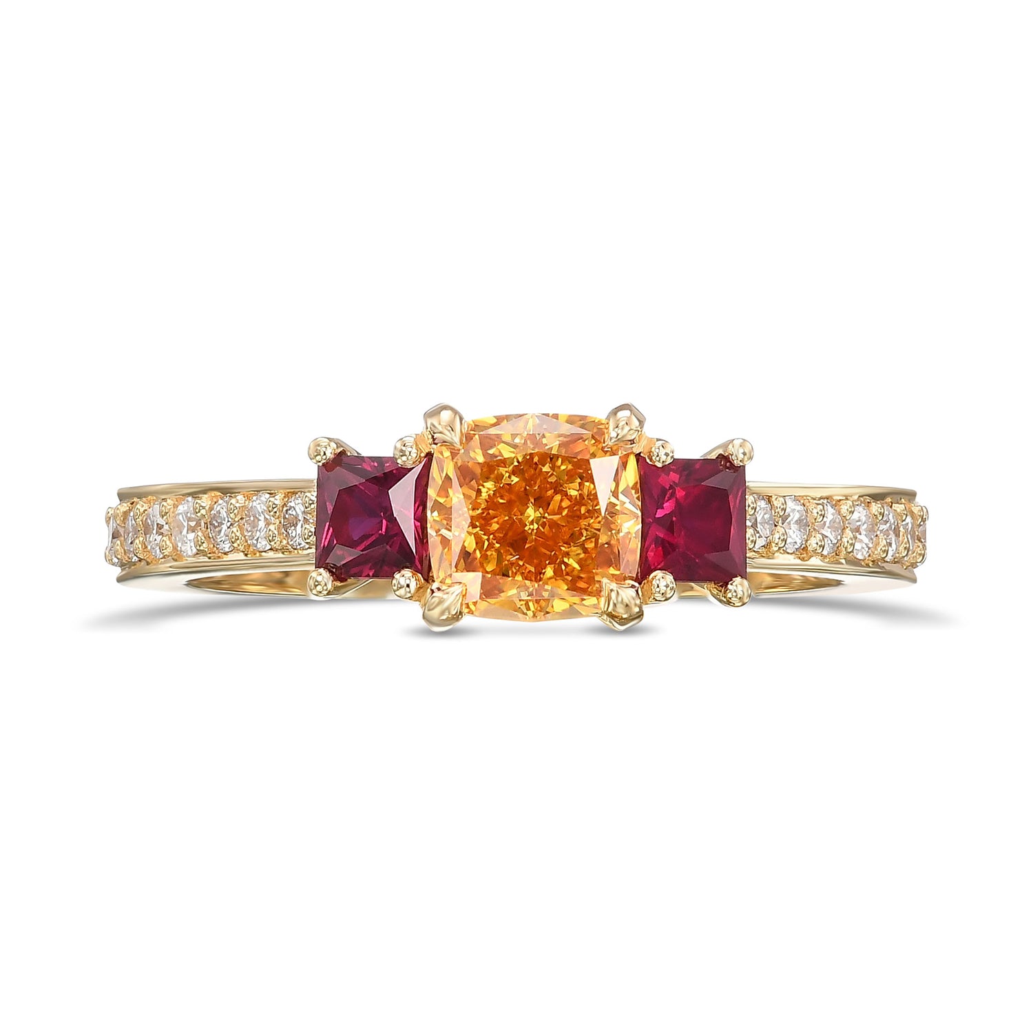 Fancy Vivid Yellow Orange Cushion Diamond and Princess Ruby Side Stone Ring
