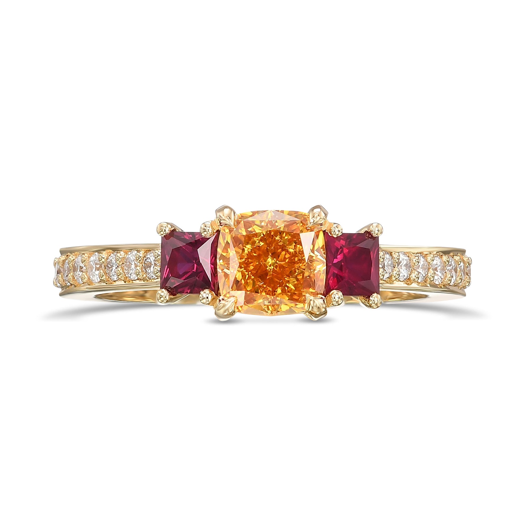 Fancy Vivid Yellow Orange Cushion Diamond and Princess Ruby Side Stone Ring