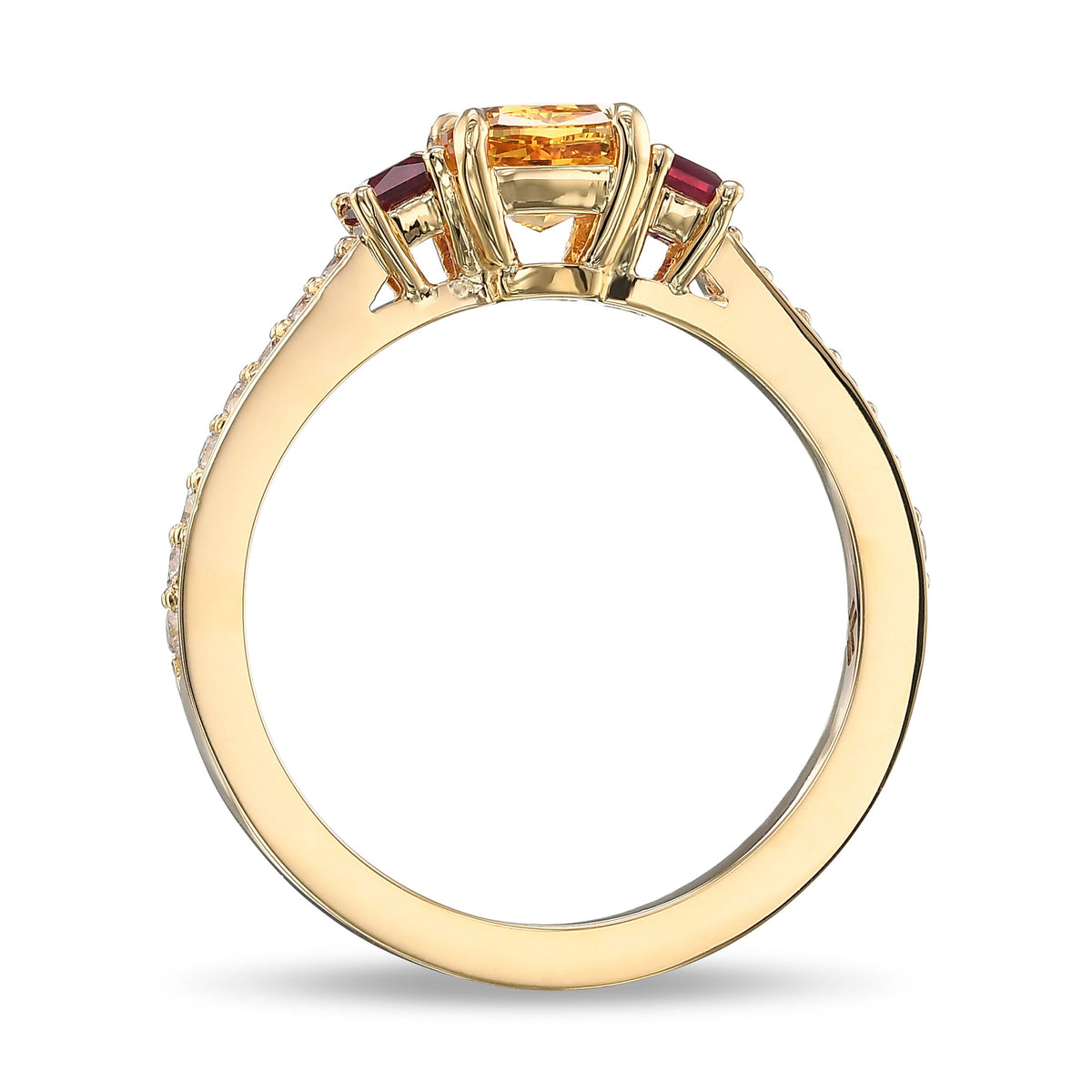 Fancy Vivid Yellow Orange Cushion Diamond and Princess Ruby Side Stone Ring