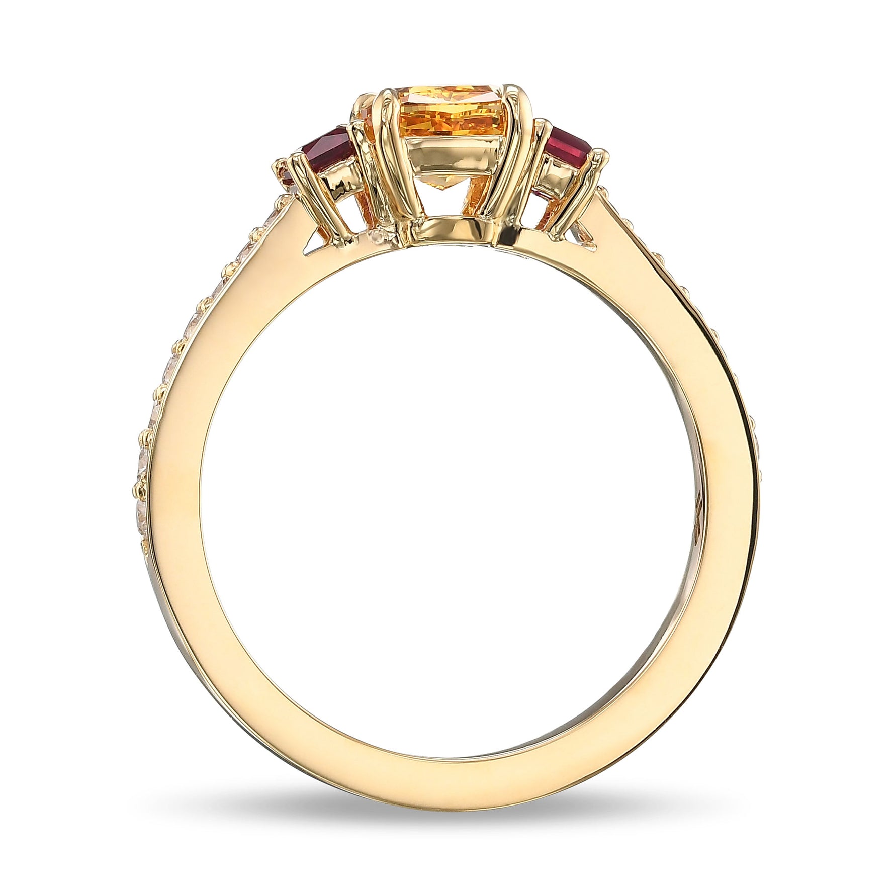 Fancy Vivid Yellow Orange Cushion Diamond and Princess Ruby Side Stone Ring