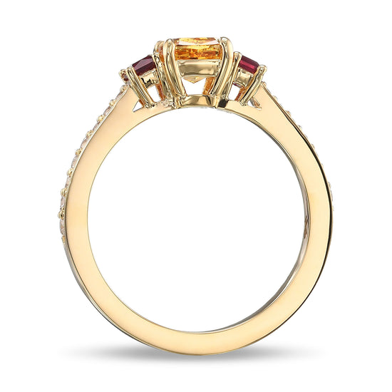 Fancy Vivid Yellow Orange Cushion Diamond and Princess Ruby Side Stone Ring