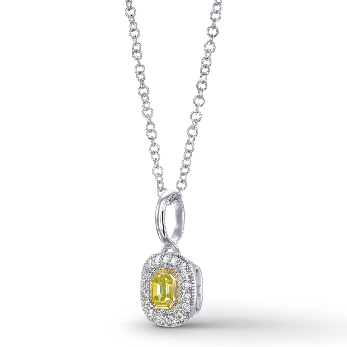 Fancy Vivid Greenish Yellow Emerald Halo Diamond Pendant
