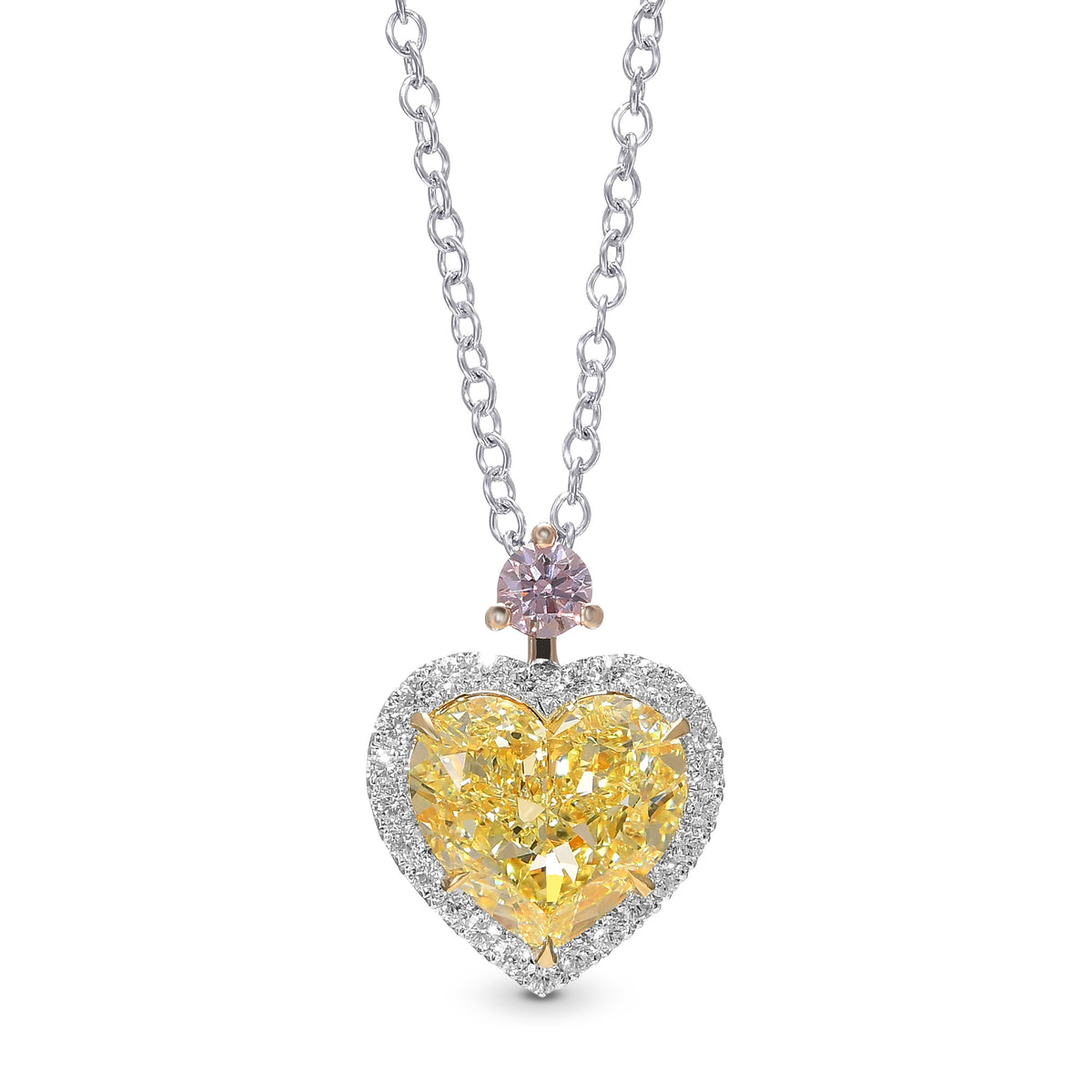 Fancy Light Yellow Heart and Fancy Pink Round Halo Drop Pendant.