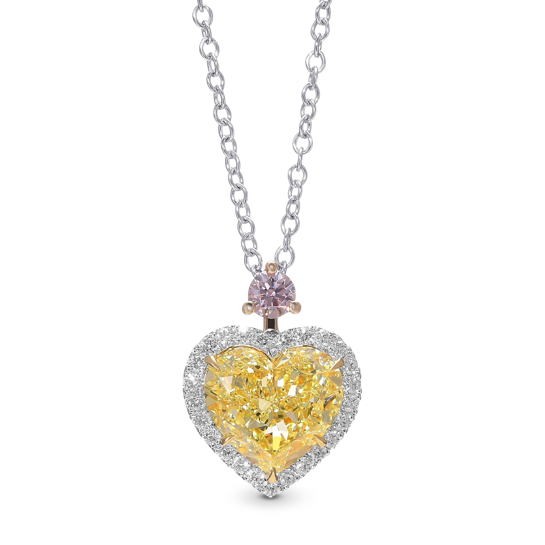 Fancy Light Yellow Heart and Fancy Pink Round Halo Drop Pendant.