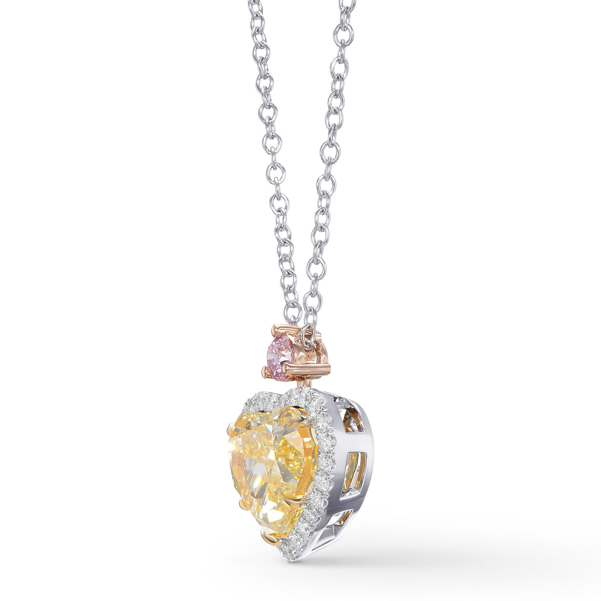 Fancy Light Yellow Heart and Fancy Pink Round Halo Drop Pendant.