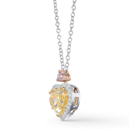Fancy Light Yellow Heart and Fancy Pink Round Halo Drop Pendant.