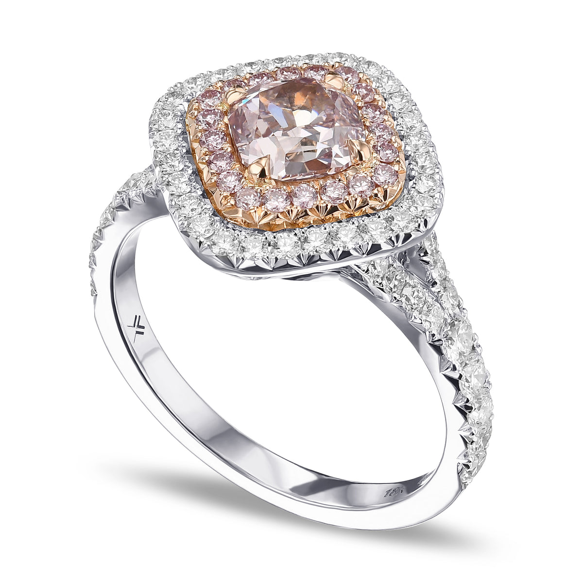 Fancy Brown Pink Cushion Double Halo Diamond Ring