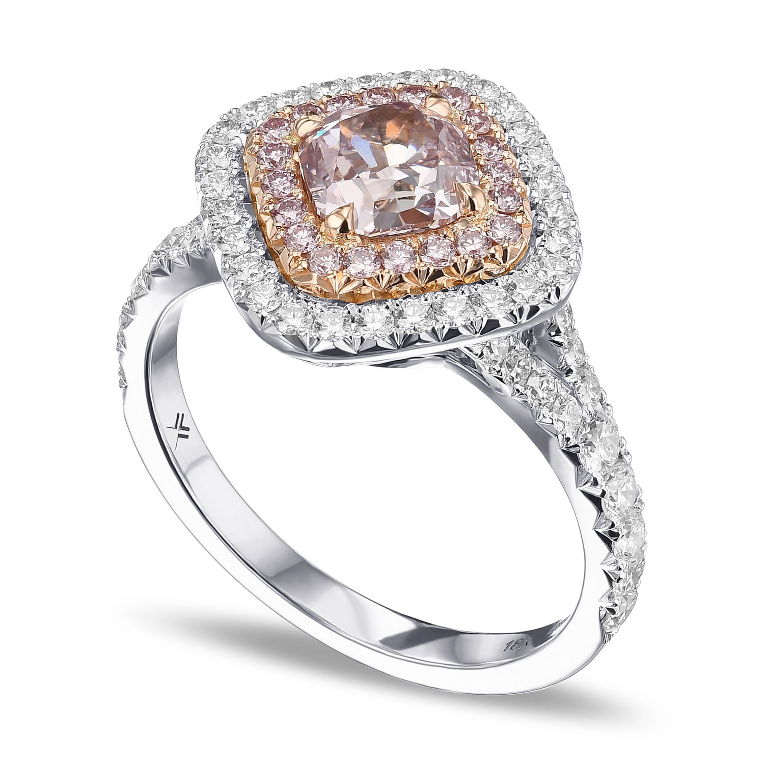 Fancy Brown Pink Cushion Double Halo Diamond Ring