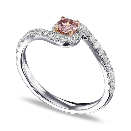 Fancy Orangy Pink Round Cross-over Halo Diamond Ring