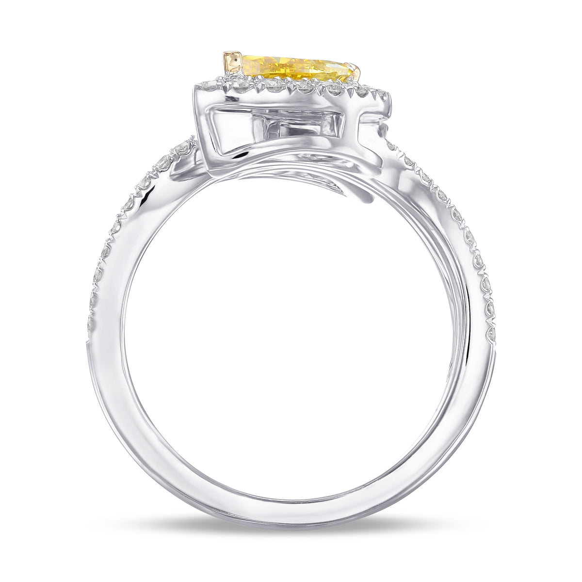 Fancy Vivid Yellow Pear Halo Two Stone Diamond Ring