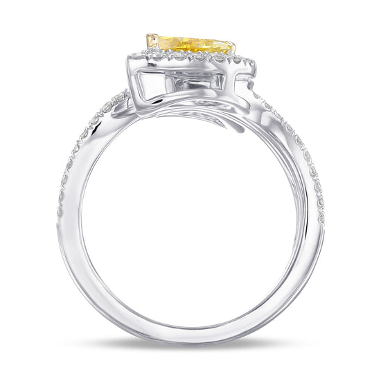 Fancy Vivid Yellow Pear Halo Two Stone Diamond Ring