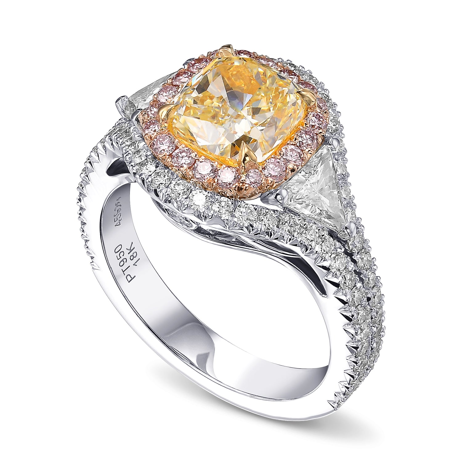 Fancy Light Yellow & Triangle 3-stone Halo Diamond Ring