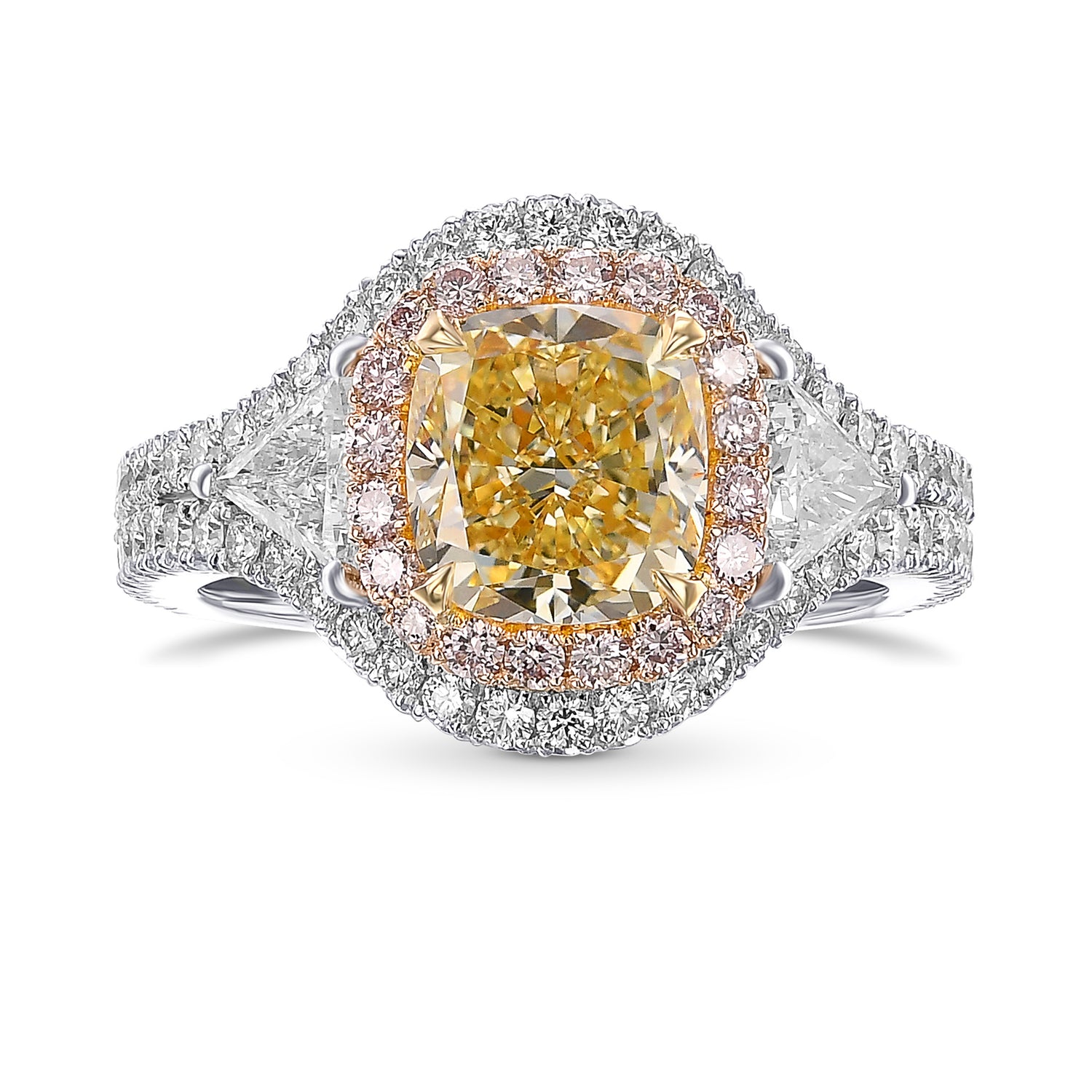Fancy Light Yellow & Triangle 3-stone Halo Diamond Ring