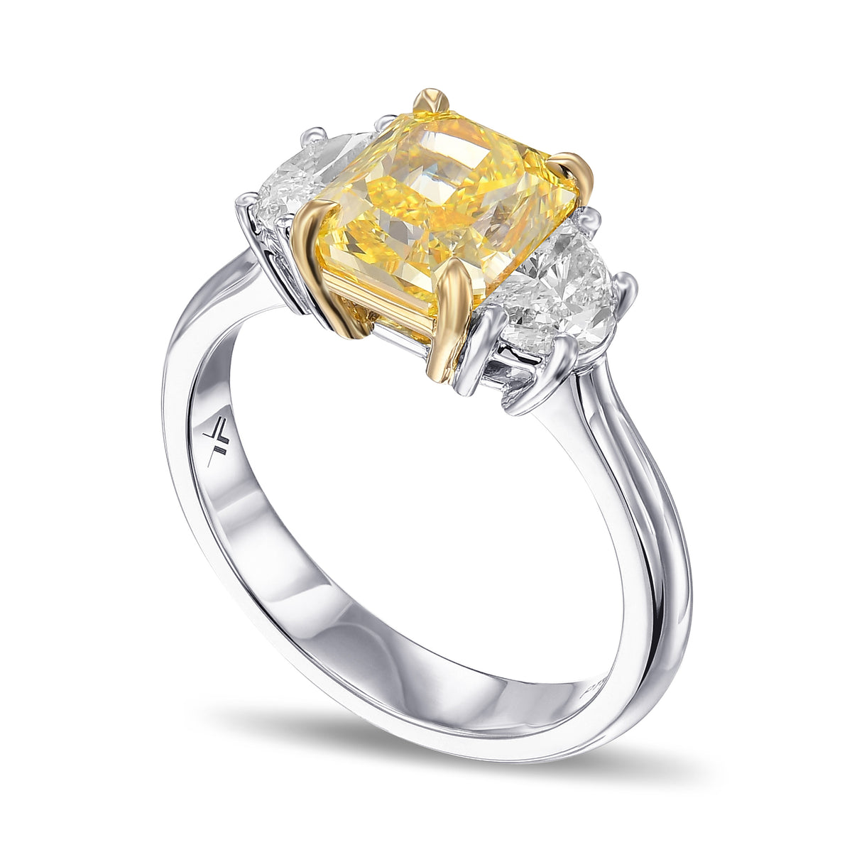 Fancy Intense Yellow Radiant & Half-moon 3 Stone Diamond Ring