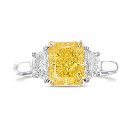 Fancy Intense Yellow Radiant & Half-moon 3 Stone Diamond Ring
