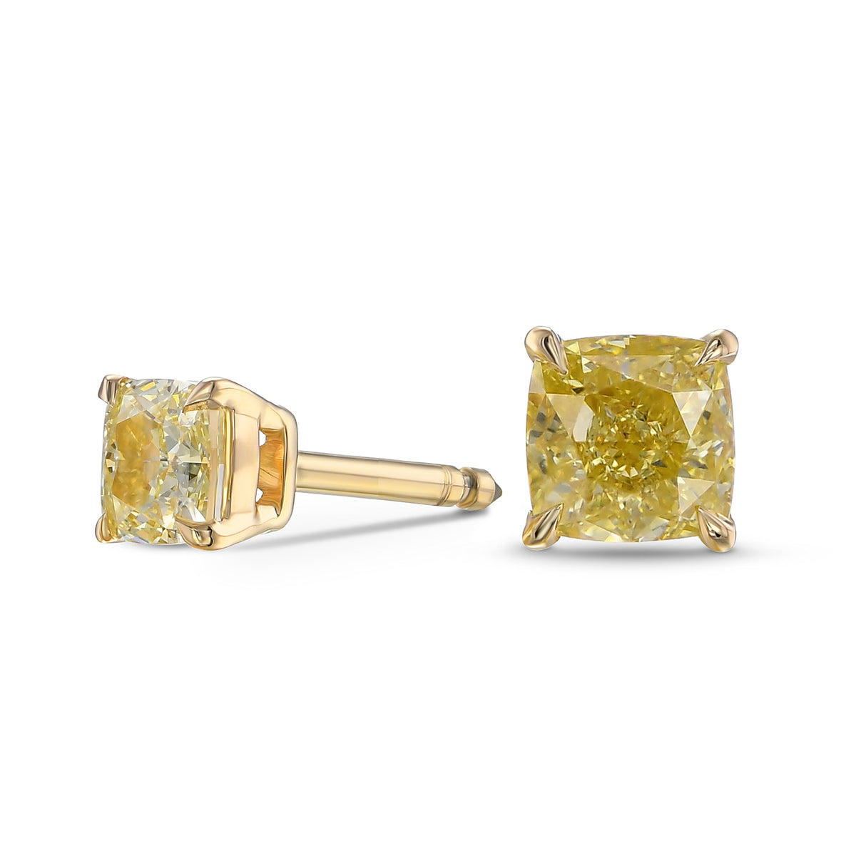  Fancy Yellow Cushion Stud Diamond Earrings