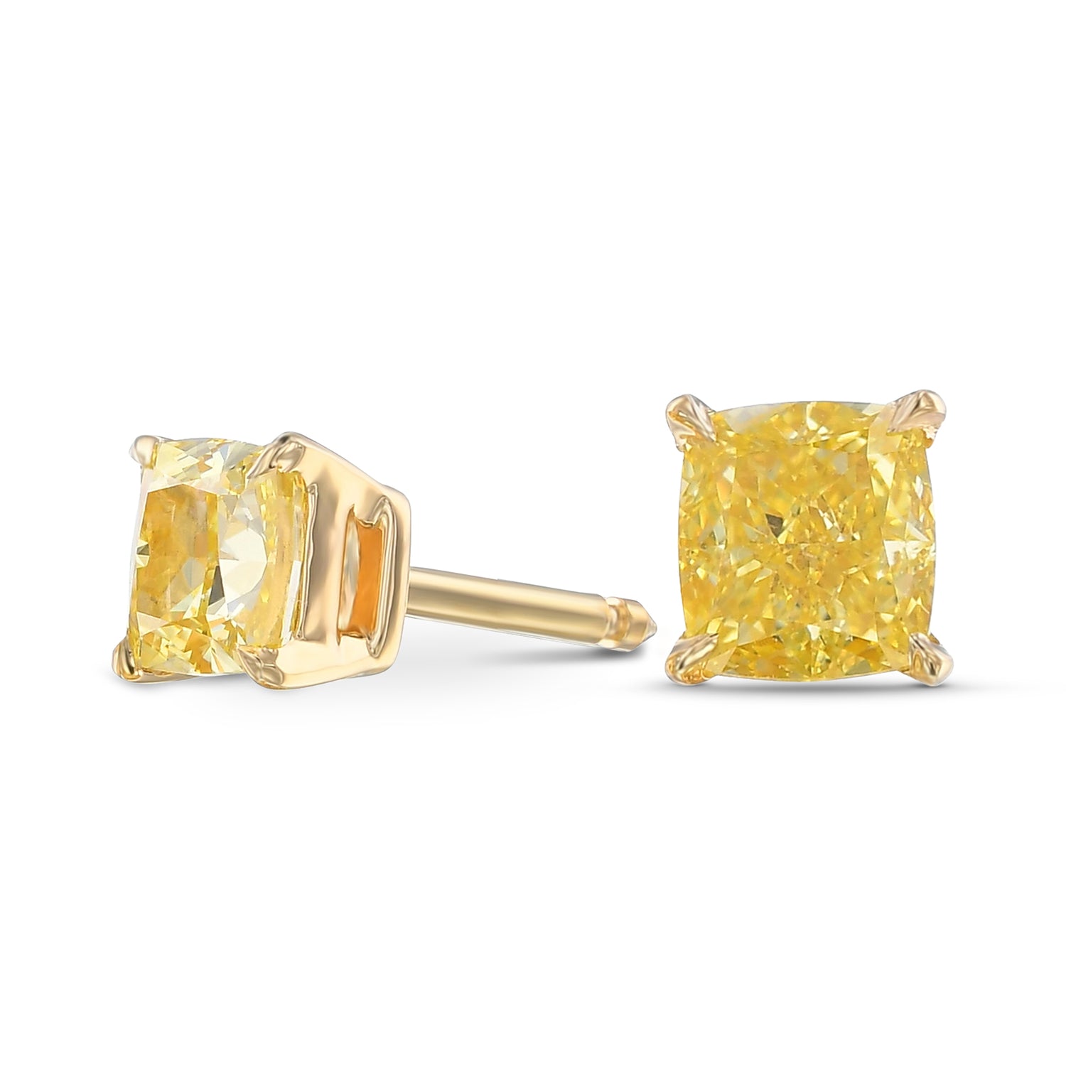  Fancy Intense Yellow Cushion Stud Diamond Earrings