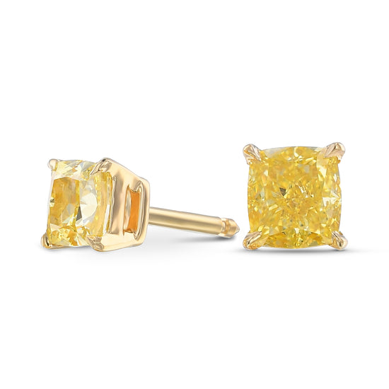 Fancy Intense Yellow Cushion Stud Diamond Earrings