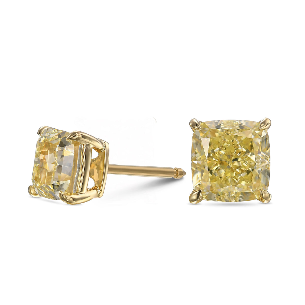 Fancy Light Yellow Cushion Stud Diamond Earrings