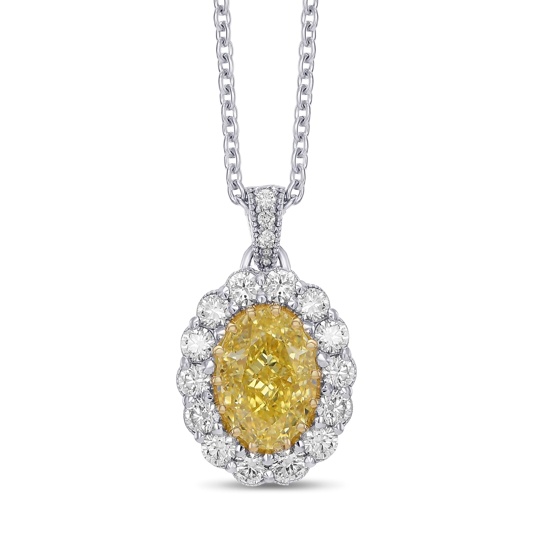 Fancy Yellow Oval Diamond Drop Halo Pendant 