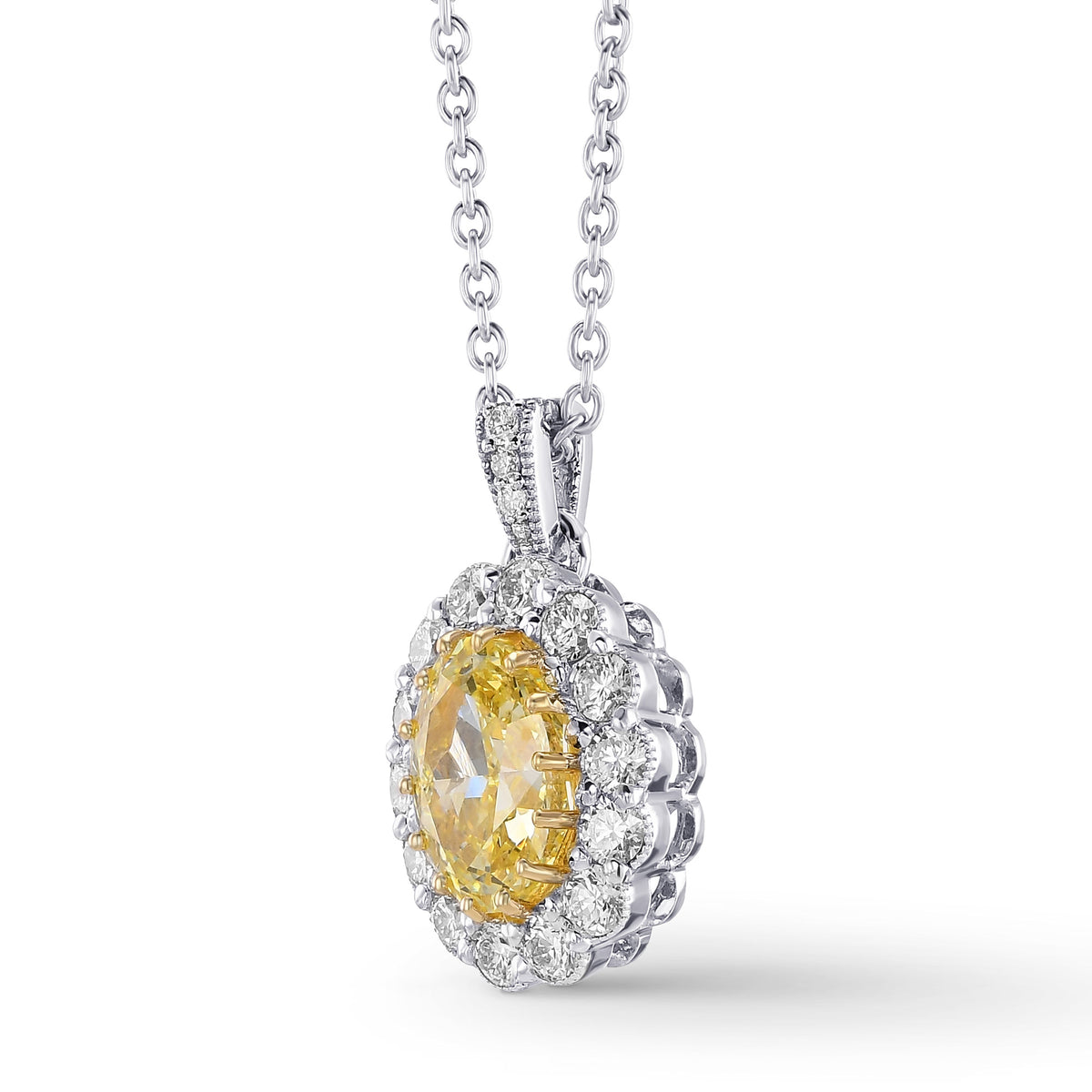 Fancy Yellow Oval Diamond Drop Halo Pendant 