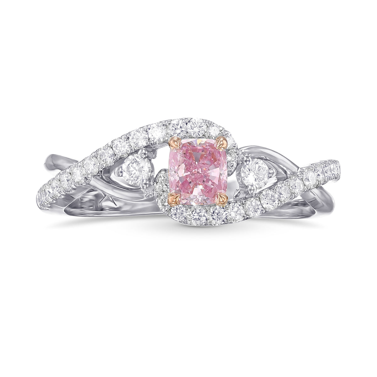 Fancy Intense Purplish Pink Cushion Side Stone Diamond Ring
