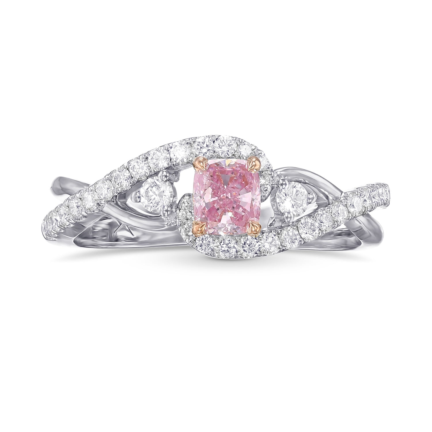Fancy Intense Purplish Pink Cushion Side Stone Diamond Ring