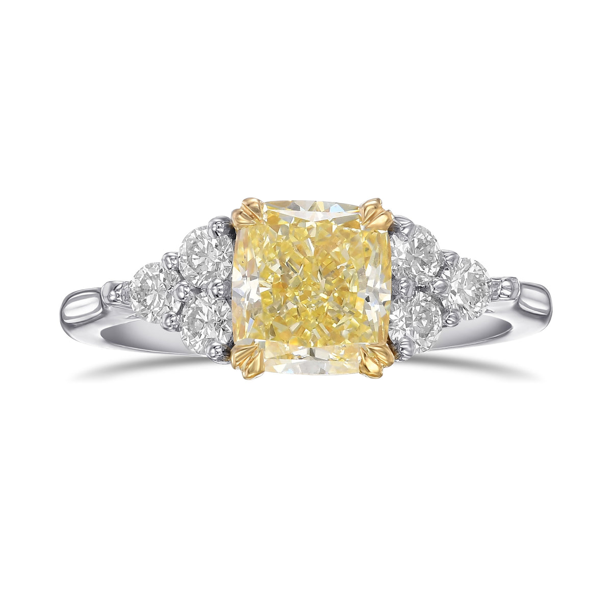 Fancy Light Yellow Cushion Side Stone Diamond Ring