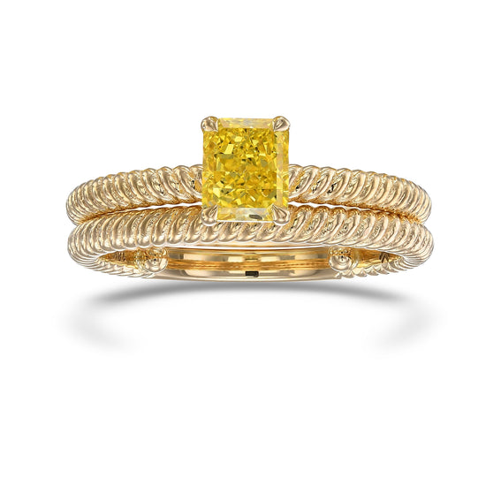 Fancy Vivid Yellow Radiant Diamond Rope Solitaire Engagement & Wedding Ring Set