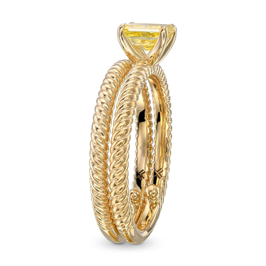 Fancy Vivid Yellow Radiant Diamond Rope Solitaire Engagement & Wedding Ring Set