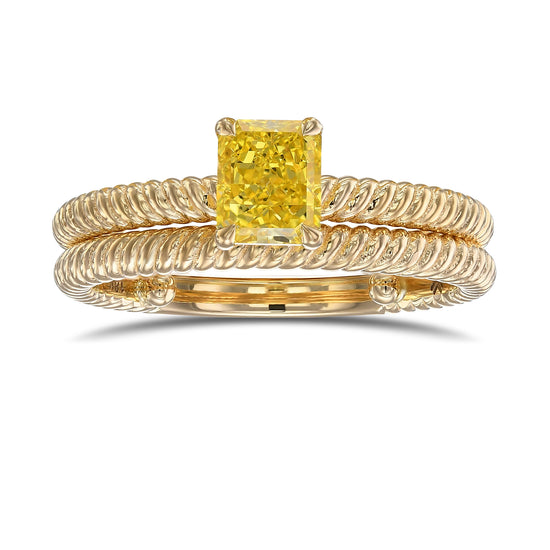 Fancy Vivid Yellow Radiant Diamond Rope Solitaire Engagement & Wedding Ring Set