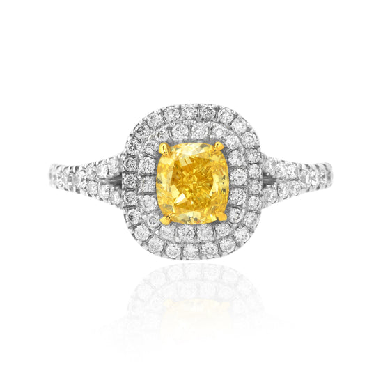 Fancy Intense Yellow Cushion Diamond Double Halo Ring