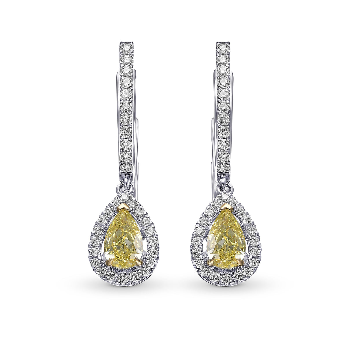 Fancy Yellow Pear Halo Drop Diamond Earrings